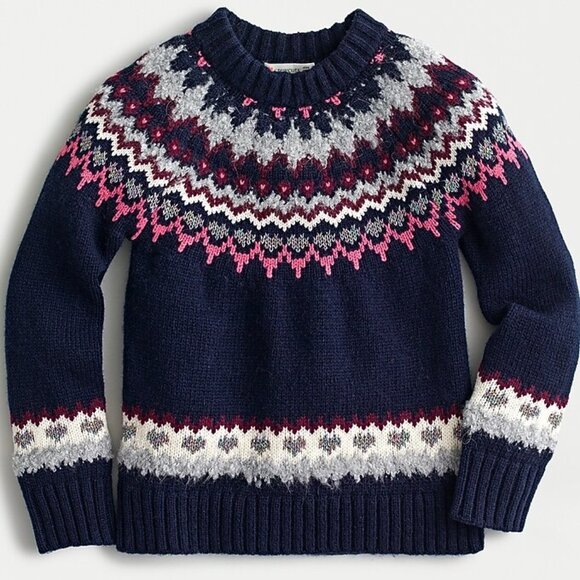 Girls' crewneck Fair Isle wool blend sweater navy & pink 4-5 yrs - Picture 1 of 4